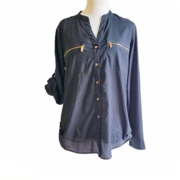 Calvin Klein Black Shirt Blouse Top Button Up Tab Sleeves WOMAN'S Women's Small - Picture 4 of 13